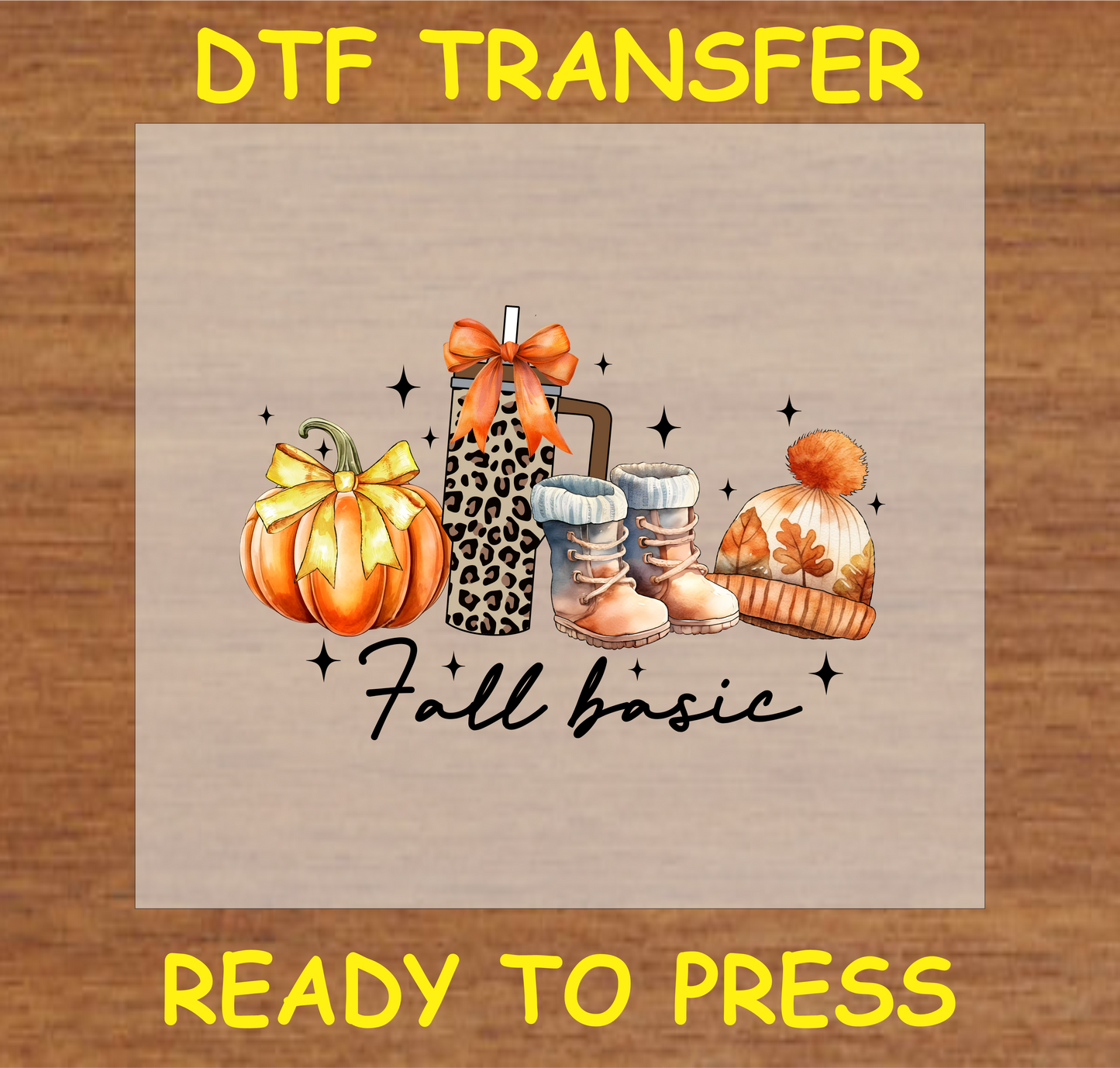 Fall Basic DTF transfer featuring a pumpkin, leopard tumbler, boots, and a beanie, perfect for custom autumn apparel.