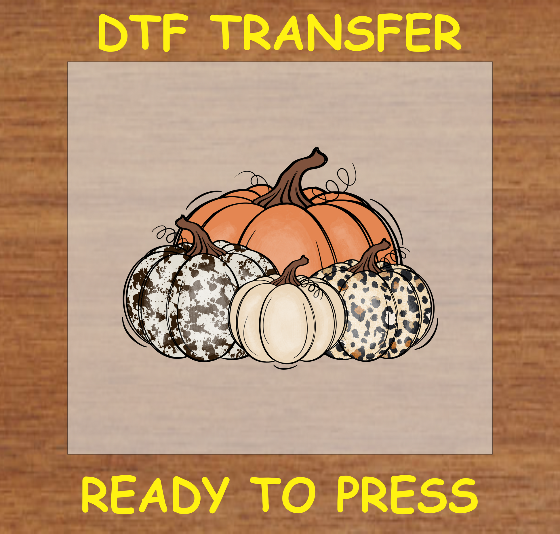 Pumpkin Patch DTF transfer featuring a group of stylish pumpkins with leopard and rustic designs, ready to press.