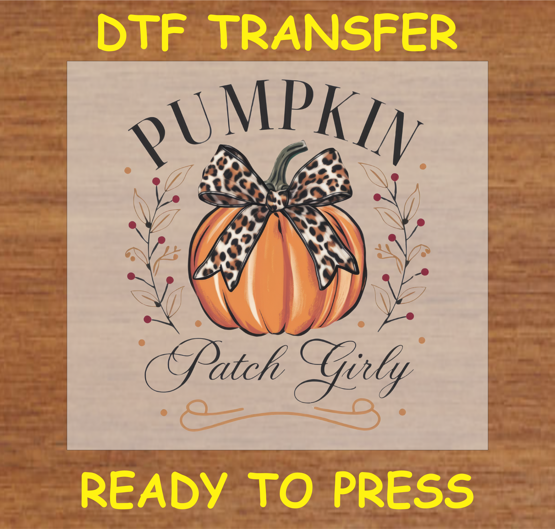 Pumpkin Patch Girly DTF transfer featuring a pumpkin with a leopard print bow and autumn foliage, ready to press