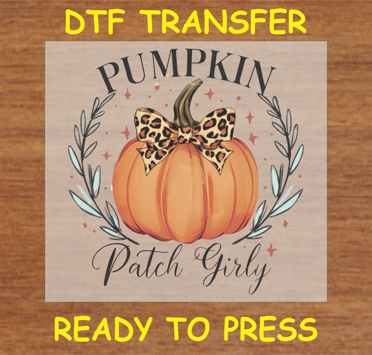 Pumpkin Patch Girly DTF transfer with a leopard print bow, surrounded by autumn foliage, ready to press.