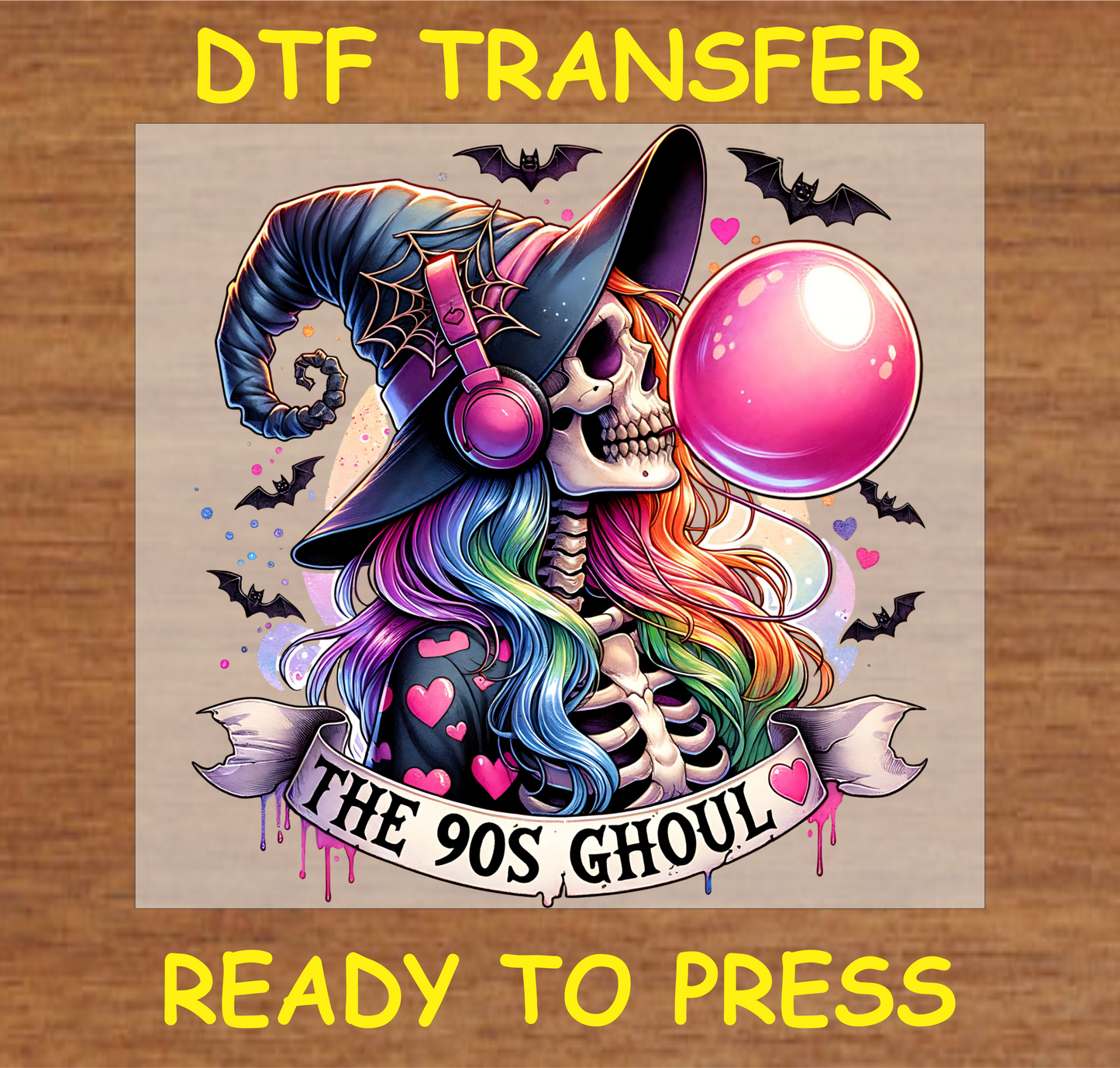 "The 90s Ghoul DTF Transfer featuring a colorful skeleton with bubblegum and retro elements"