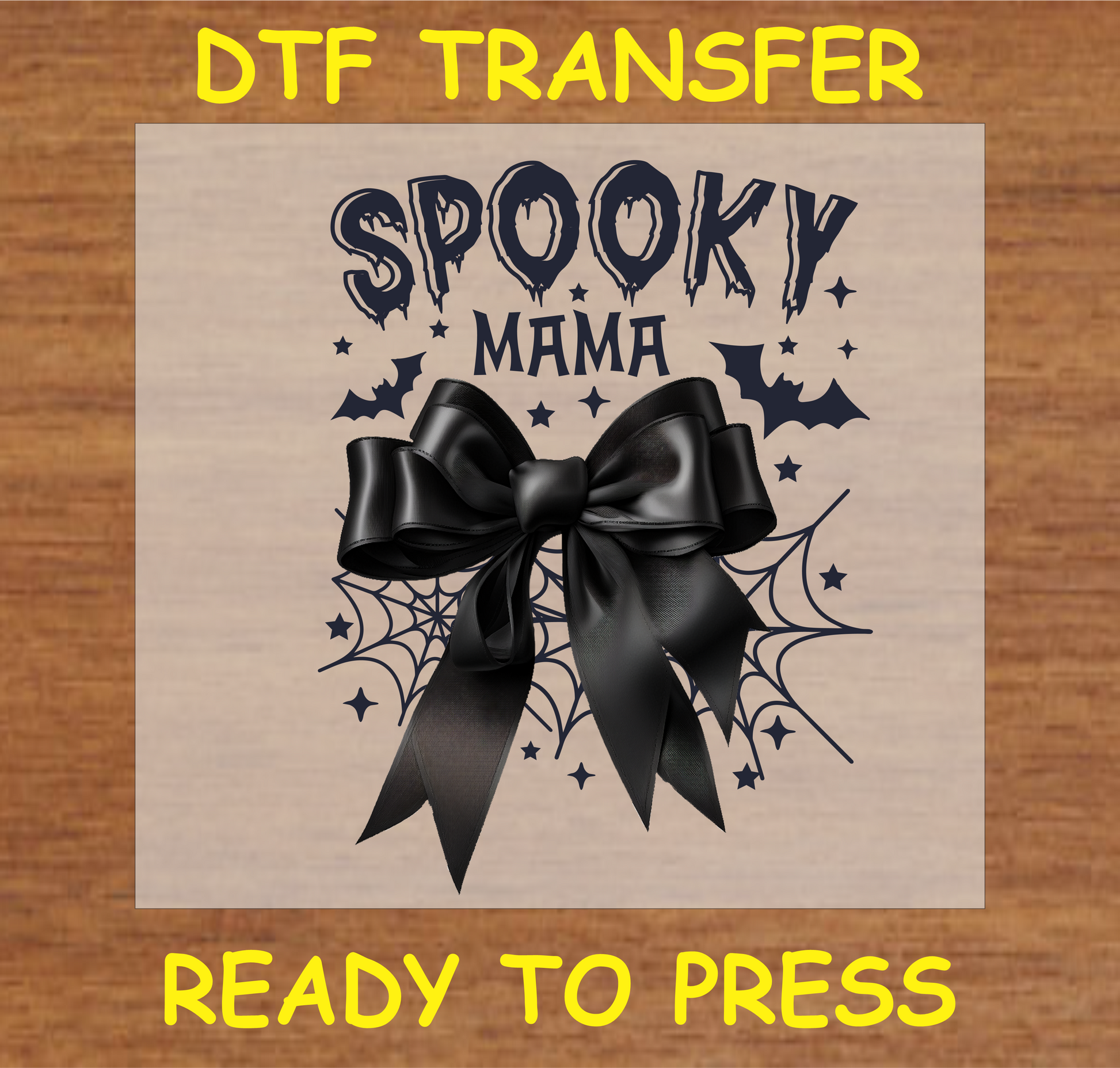 Spooky Mama DTF Transfer with black bow and spider web design