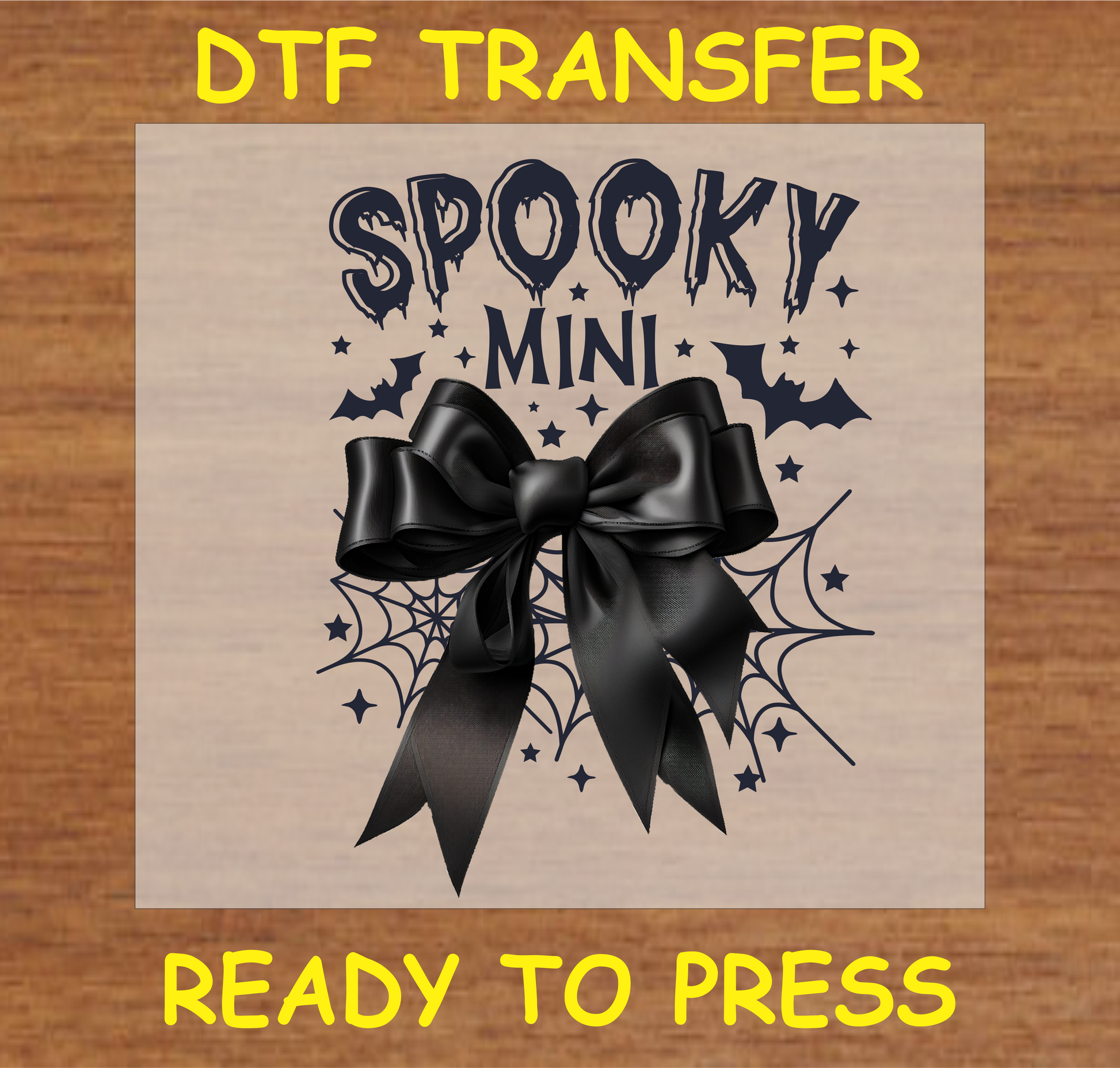 "Spooky Mini DTF Transfer with black bow and spider web design for kids"