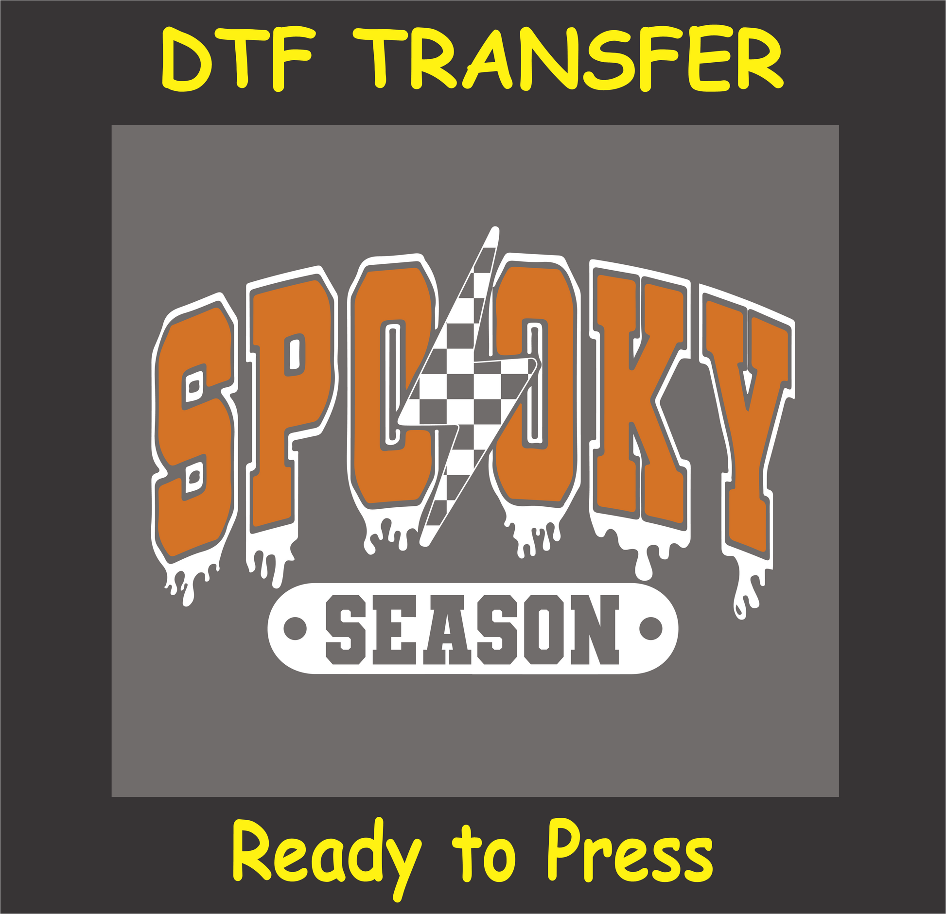 "Spooky Season DTF Transfer with orange lettering and checkered lightning bolt design for Halloween"