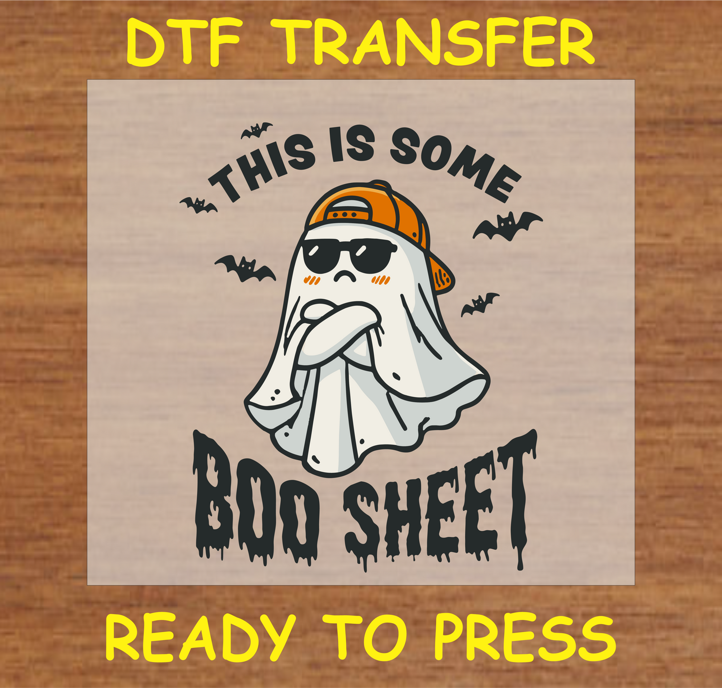 "Boo Sheet DTF Transfer featuring a cool ghost with sunglasses and cap for Halloween