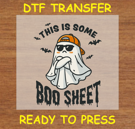 "Boo Sheet DTF Transfer featuring a cool ghost with sunglasses and cap for Halloween