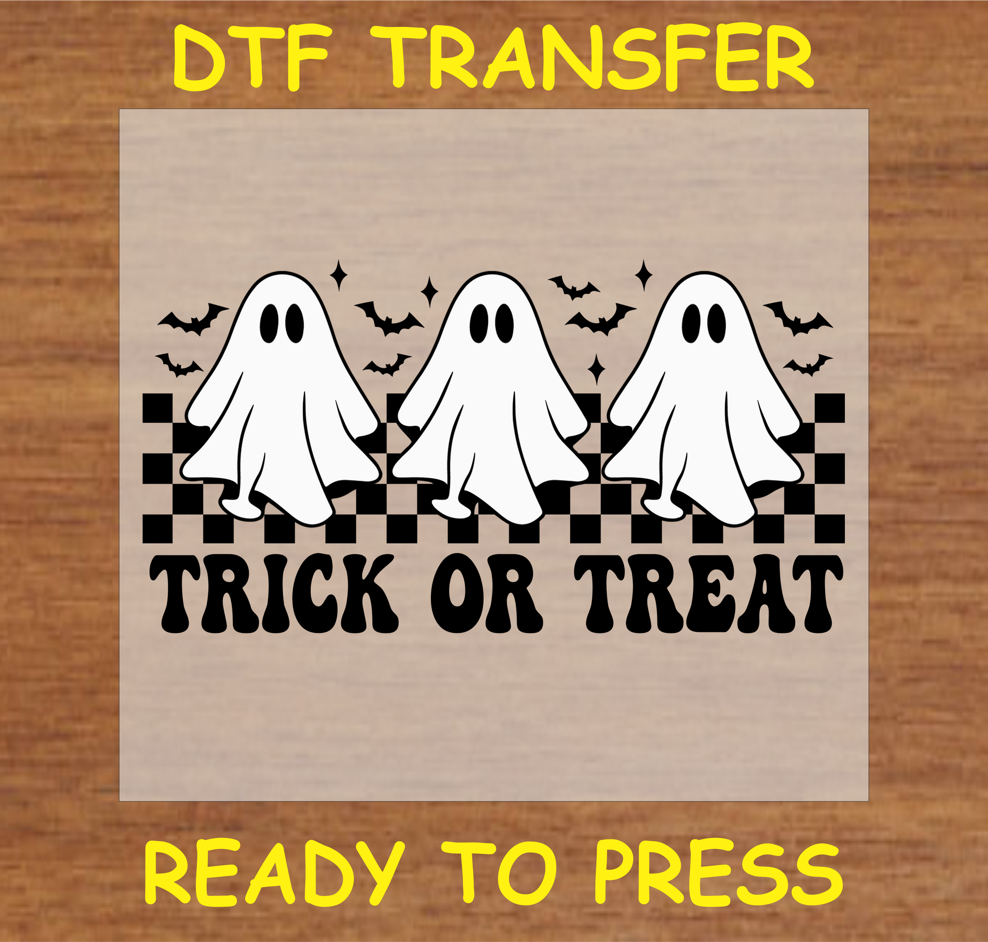 "Trick or Treat DTF Transfer featuring three ghosts and a checkered pattern for Halloween-themed apparel"