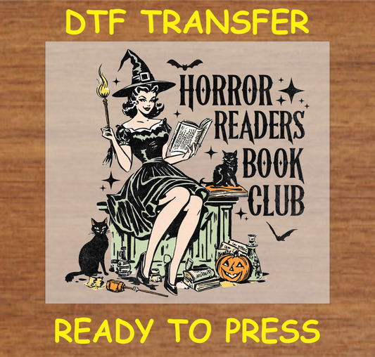 "Horror Readers Book Club DTF Transfer featuring a vintage witch and Halloween elements for book lovers"