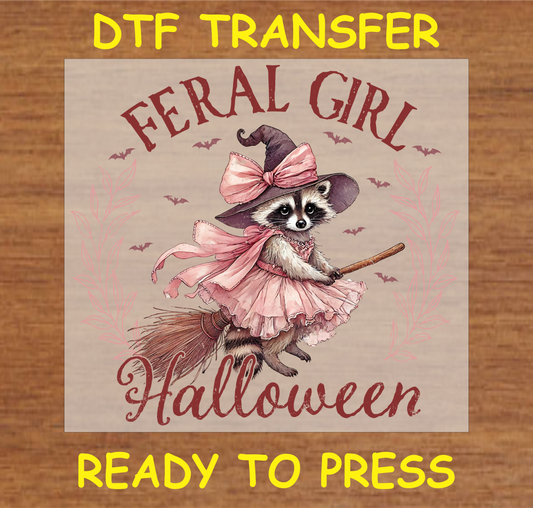 "Feral Girl Halloween DTF Transfer featuring a raccoon in a witch costume with a pink bow"