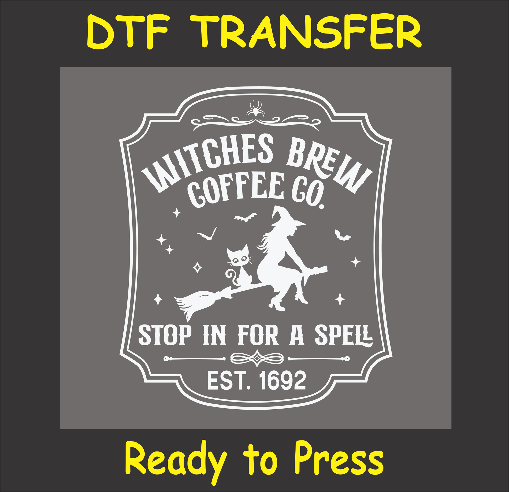 "Witches Brew Coffee Co. DTF Transfer featuring a white witch on broomstick and Halloween coffee shop-inspired design"