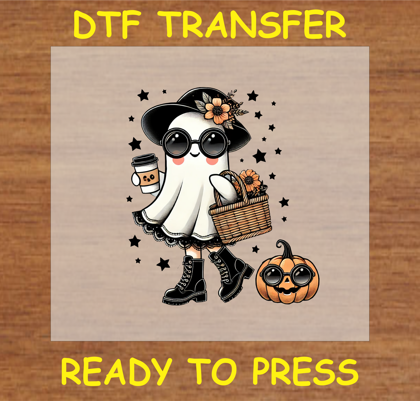 "Stylish Ghost DTF Transfer with trendy accessories for Halloween-themed fabric projects"