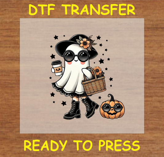 "Stylish Ghost DTF Transfer with trendy accessories for Halloween-themed fabric projects"