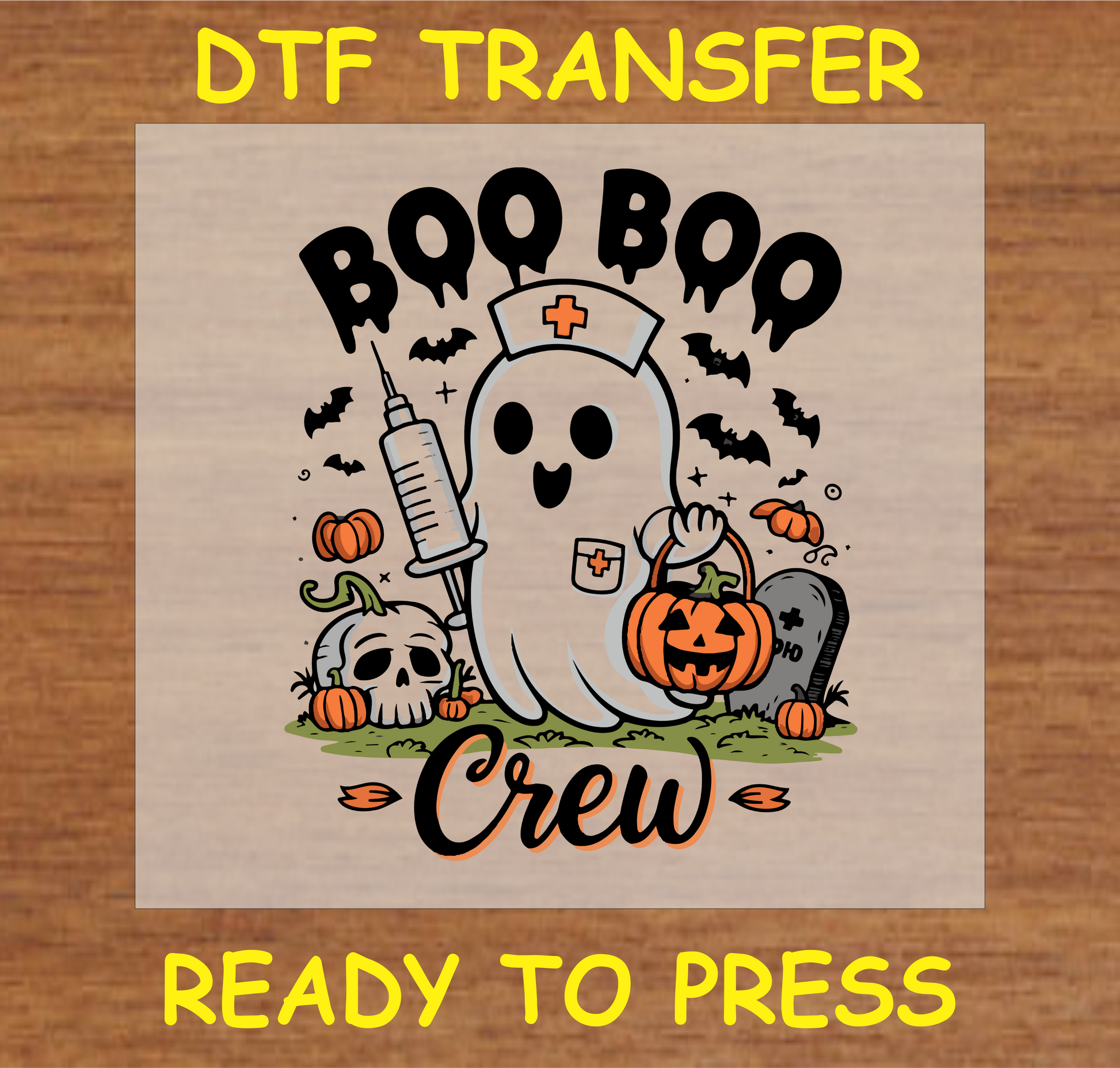 "Boo Boo Crew DTF Transfer with nurse ghost and Halloween elements for fabric projects"