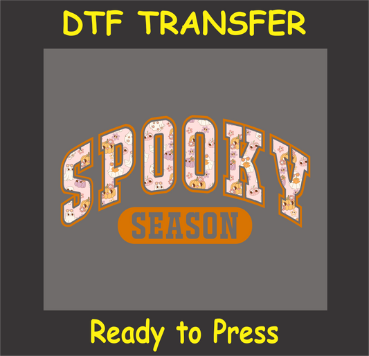 "Spooky Season DTF Transfer in pink with Halloween elements like pumpkins and ghosts for fabric projects"