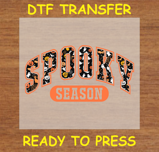 "Spooky Season DTF Transfer in black and orange with Halloween elements like pumpkins, ghosts, and spiders for fabric projects"