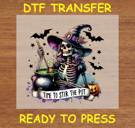 "Time to Stir the Pot DTF Transfer featuring a skeleton witch stirring a cauldron with Halloween elements for fabric projects"