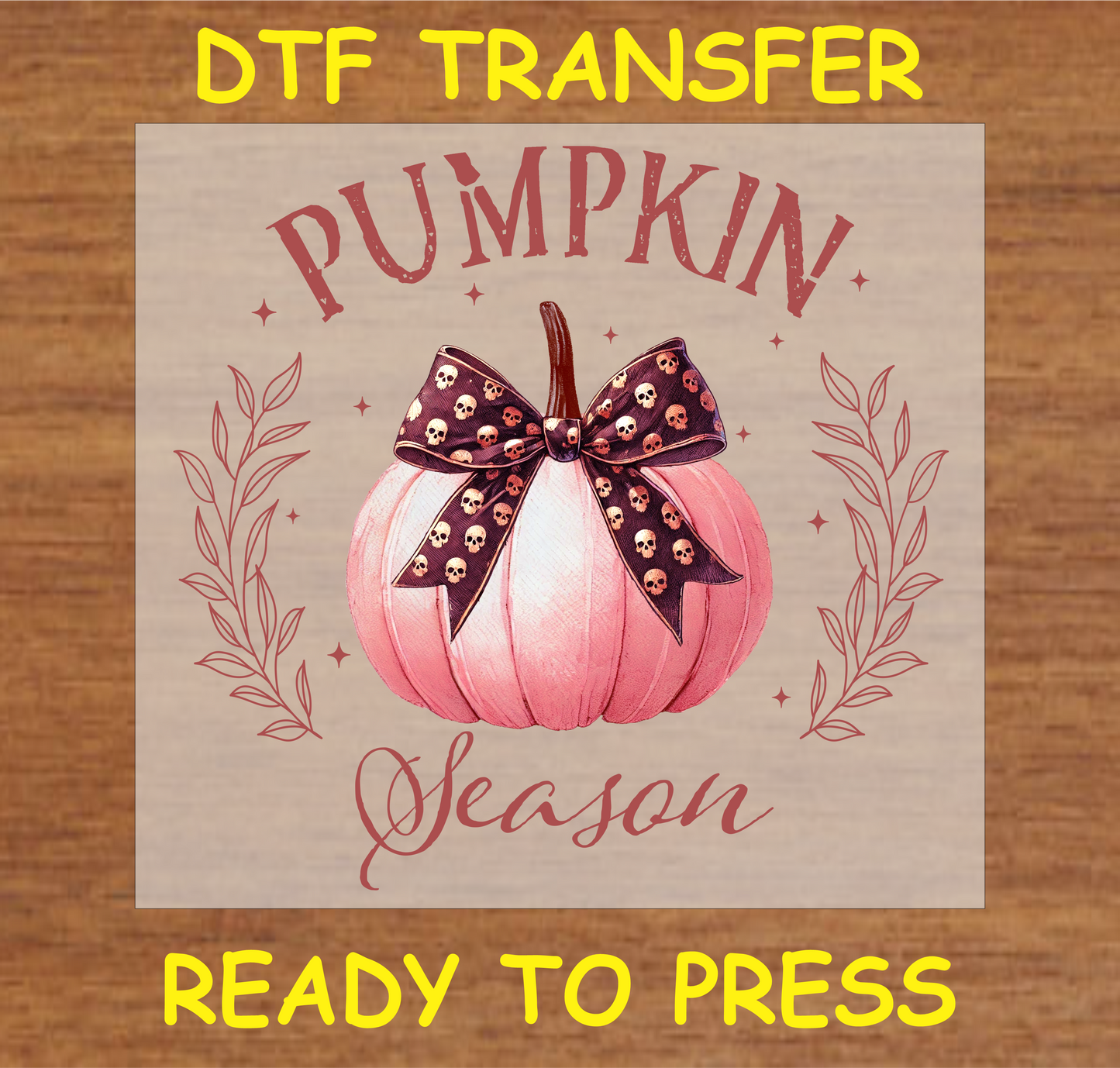 "Pumpkin Season DTF Transfer featuring a pink pumpkin with a skull bow design"