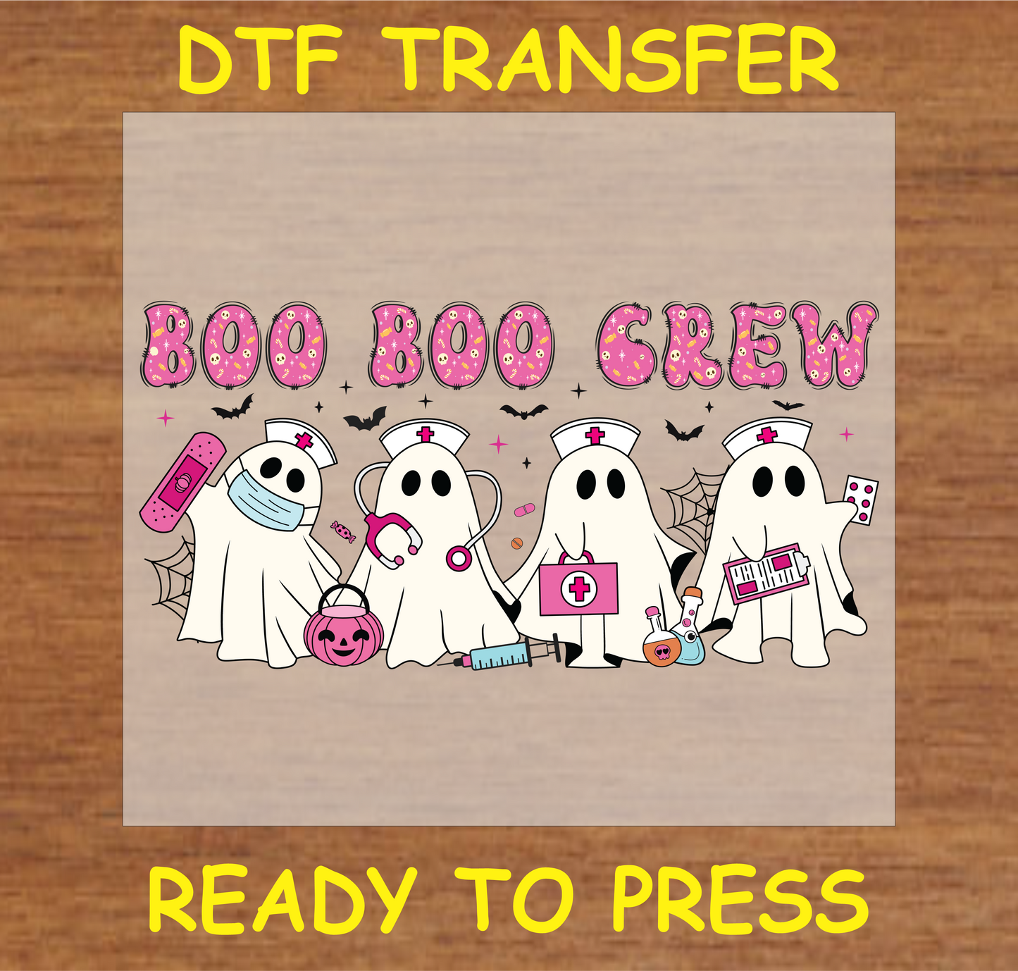 "Boo Boo Crew DTF Transfer featuring cute ghost nurses with Halloween and medical-themed elements for fabric projects"