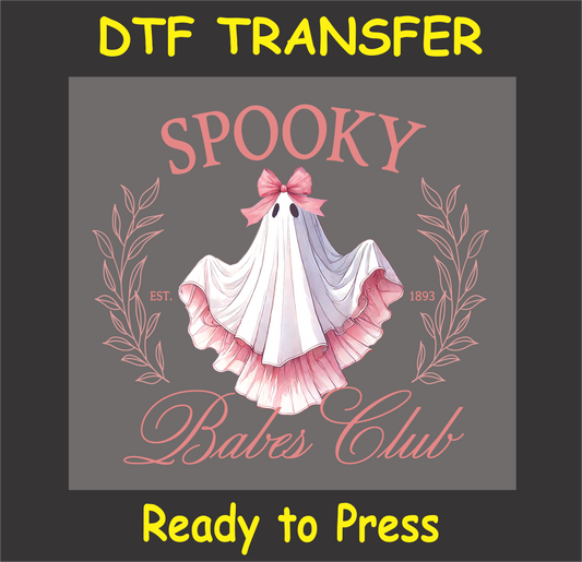 "Spooky Babes Club DTF Transfer featuring a ghost with a pink bow and flowing dress"