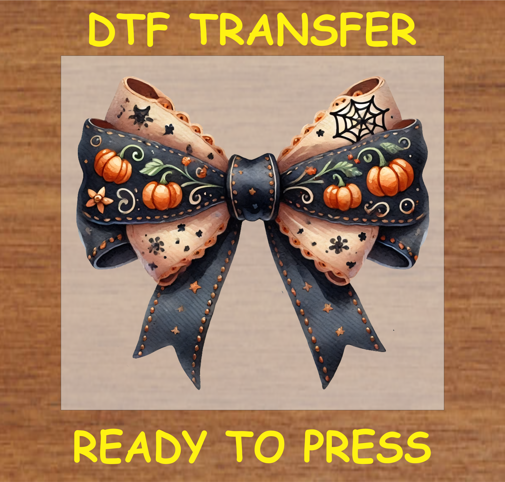 "Halloween Bow DTF Transfer featuring pumpkins and spider web design for fabric projects"