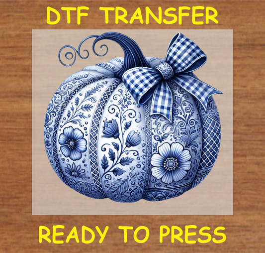 "Blue Floral Pumpkin DTF Transfer featuring elegant floral details and a gingham bow"