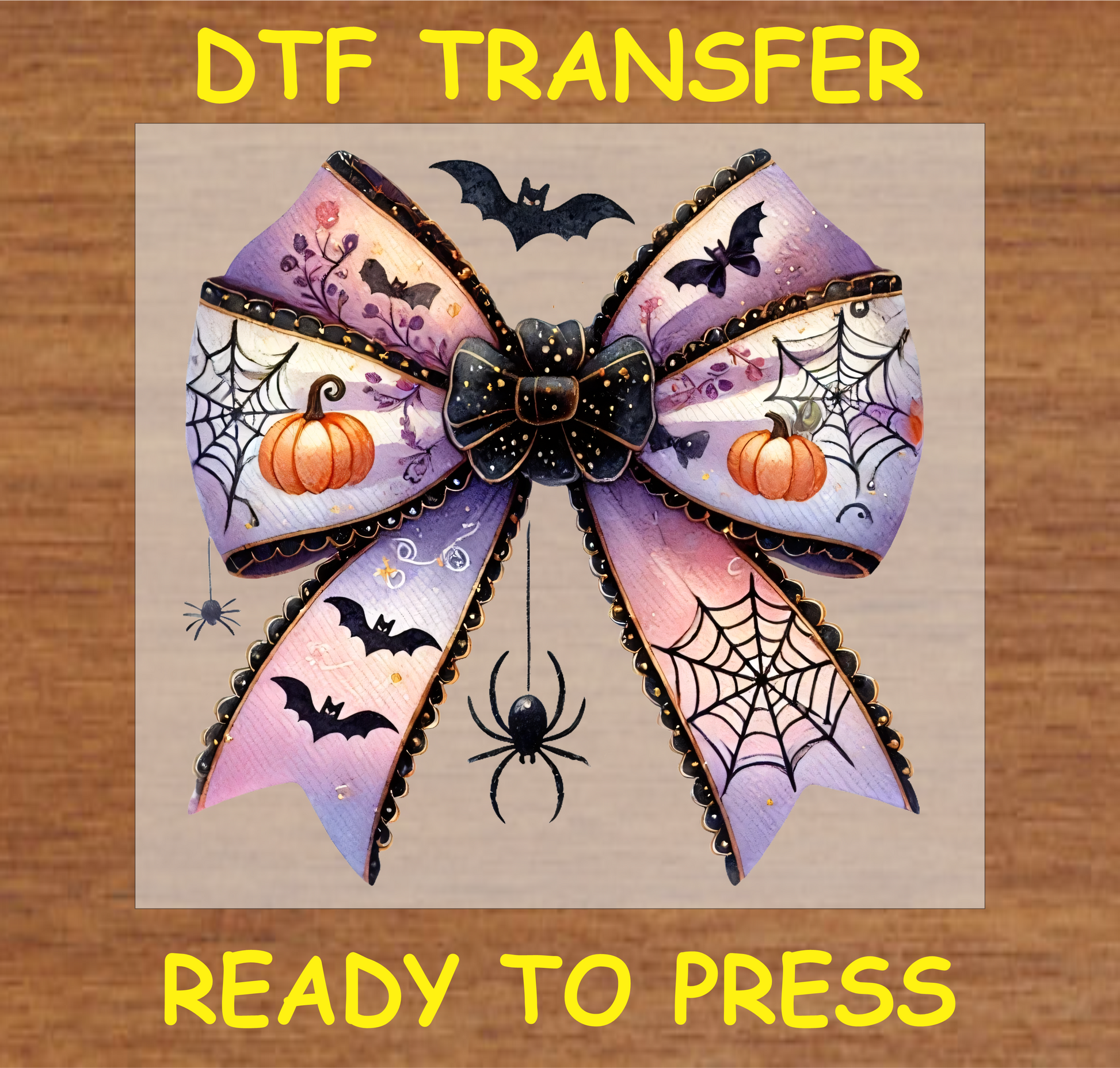 "Halloween Bow DTF Transfer featuring pumpkins, spider webs, and a hanging spider for spooky fabric projects"