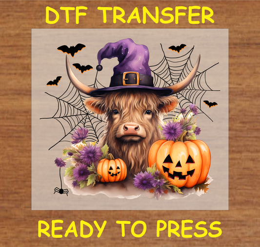 "Halloween Cow DTF Transfer featuring a highland cow with a witch hat, pumpkins, spider webs, and bats for fabric projects"