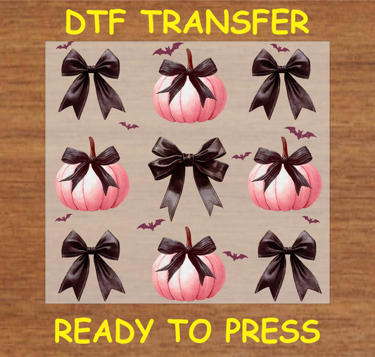 "Pink Pumpkins with Black Bows and Bats DTF Transfer for Halloween"