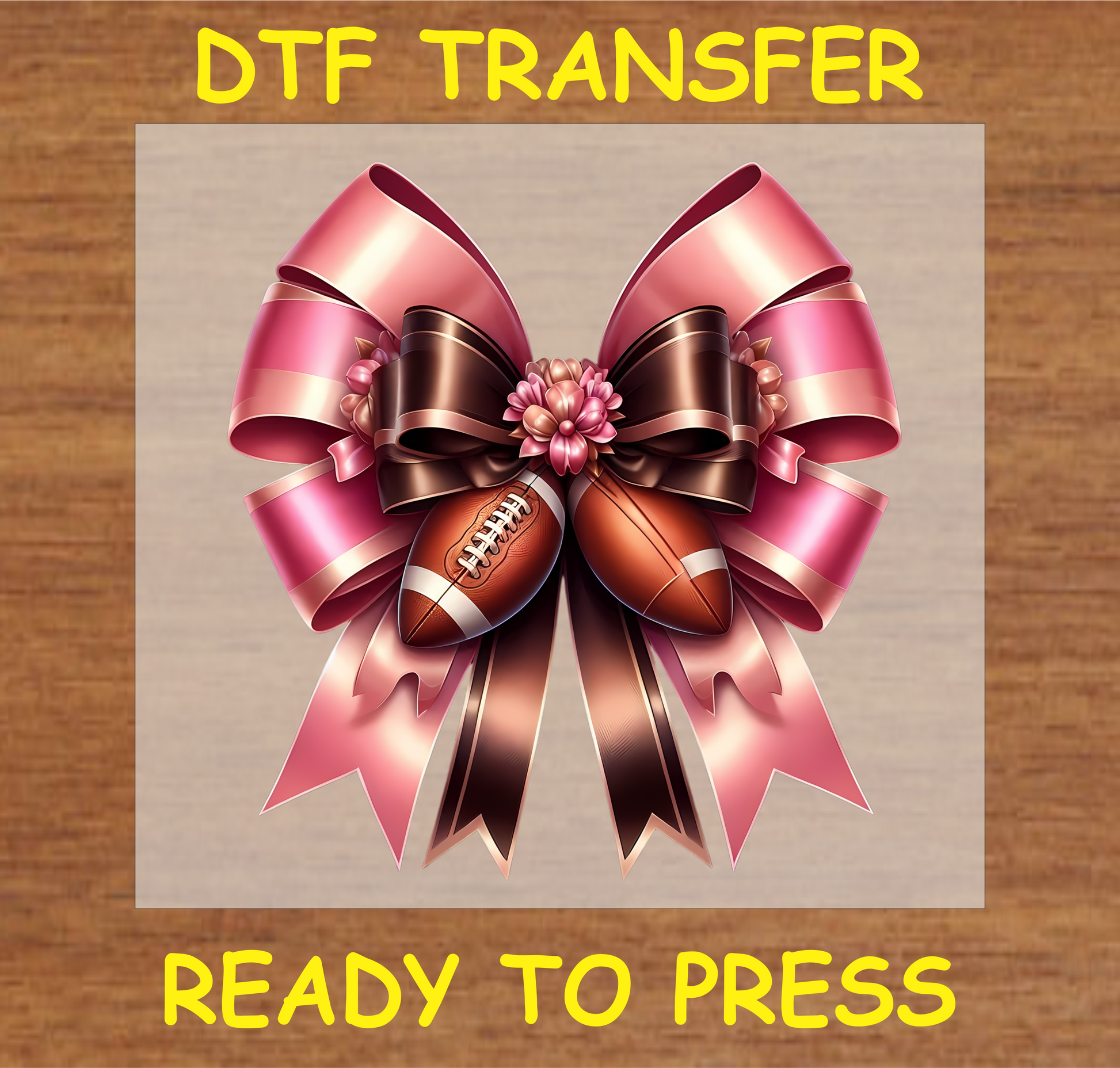 "Football Bow DTF Transfer with pink and brown ribbon design featuring football accents"