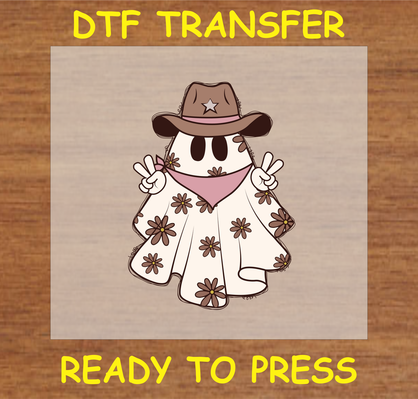 "Cowboy Ghost DTF Transfer featuring a ghost in a cowboy hat with floral poncho and peace sign design"