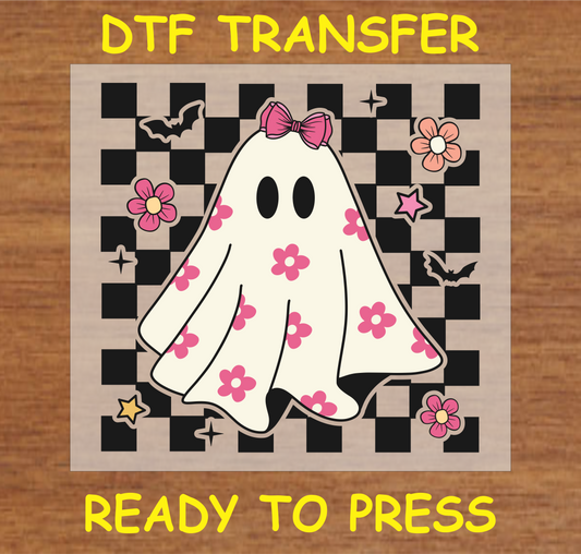 "Floral Ghost DTF Transfer with checkered background and pink flower accents, ready to press for custom fabric projects"