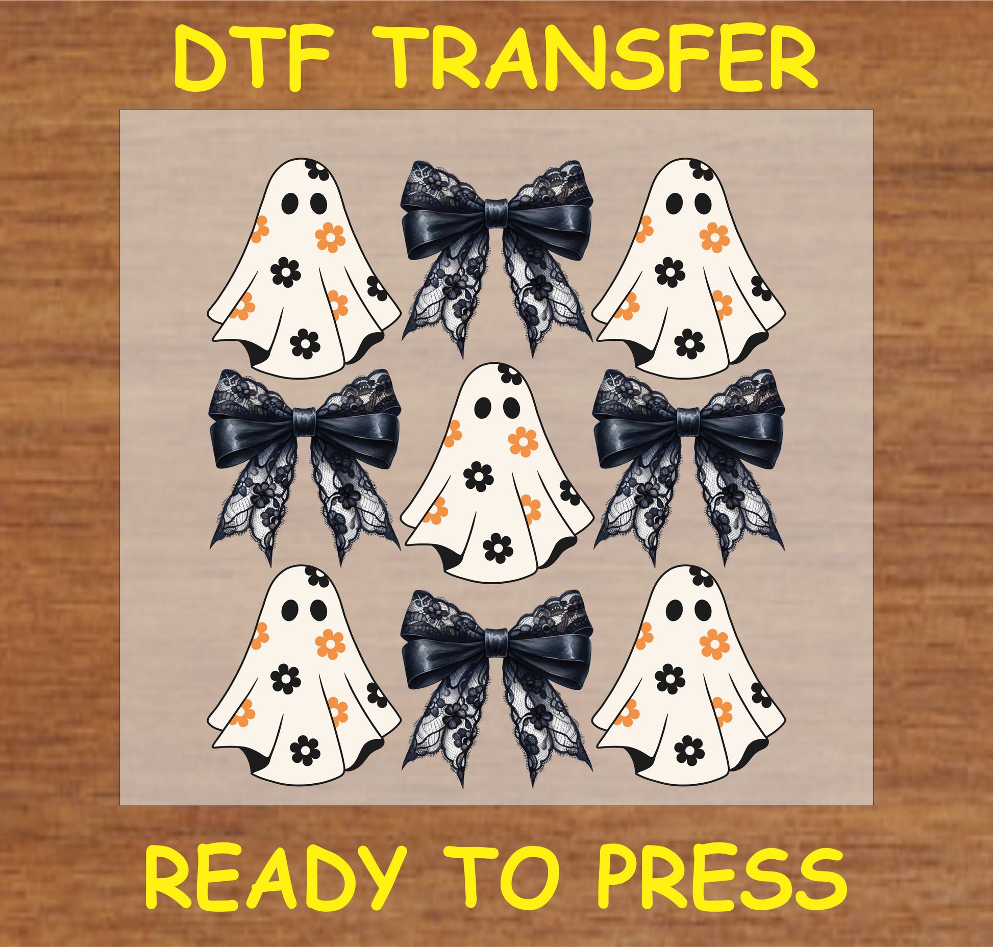 "Ghost and Lace Bow DTF Transfer featuring floral ghosts with black lace bow accents, perfect for custom Halloween fabric projects"