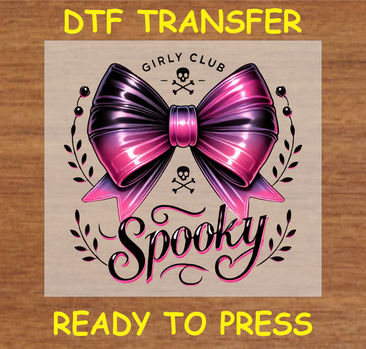 "Girly Club Spooky DTF Transfer with a pink bow and skull accents, perfect for Halloween"