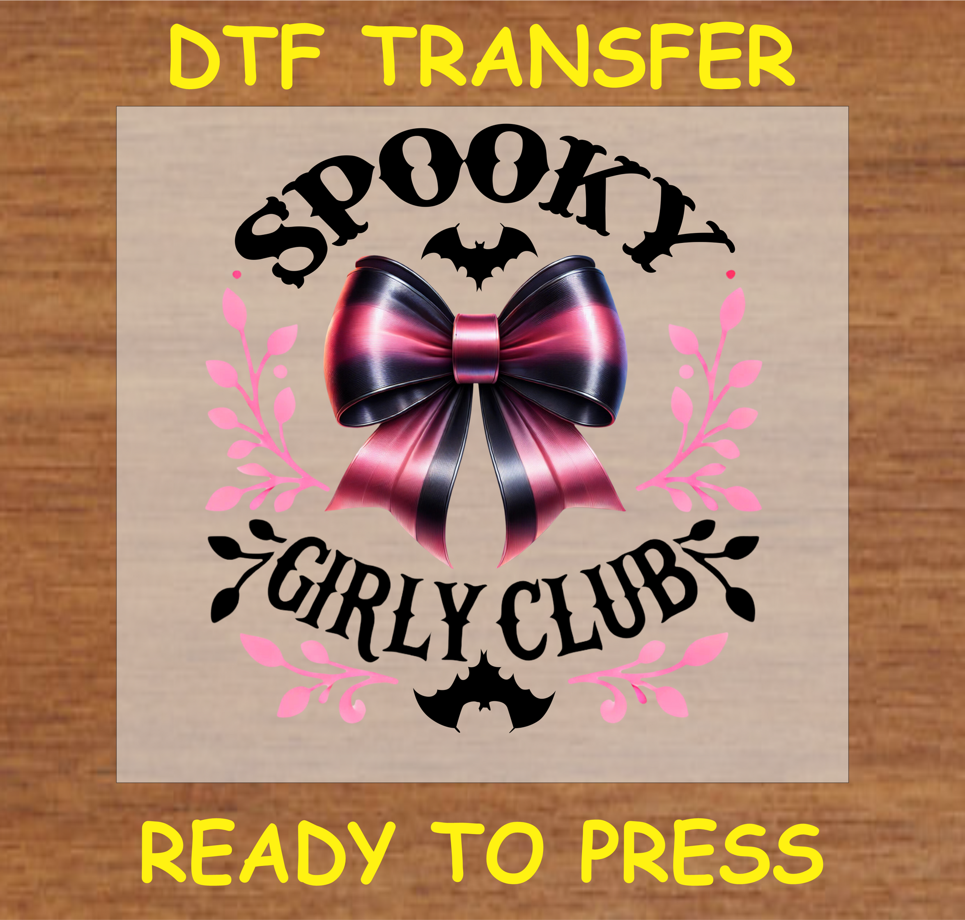 "Spooky Girly Club DTF Transfer with a pink and black bow and bat accents, perfect for Halloween projects"