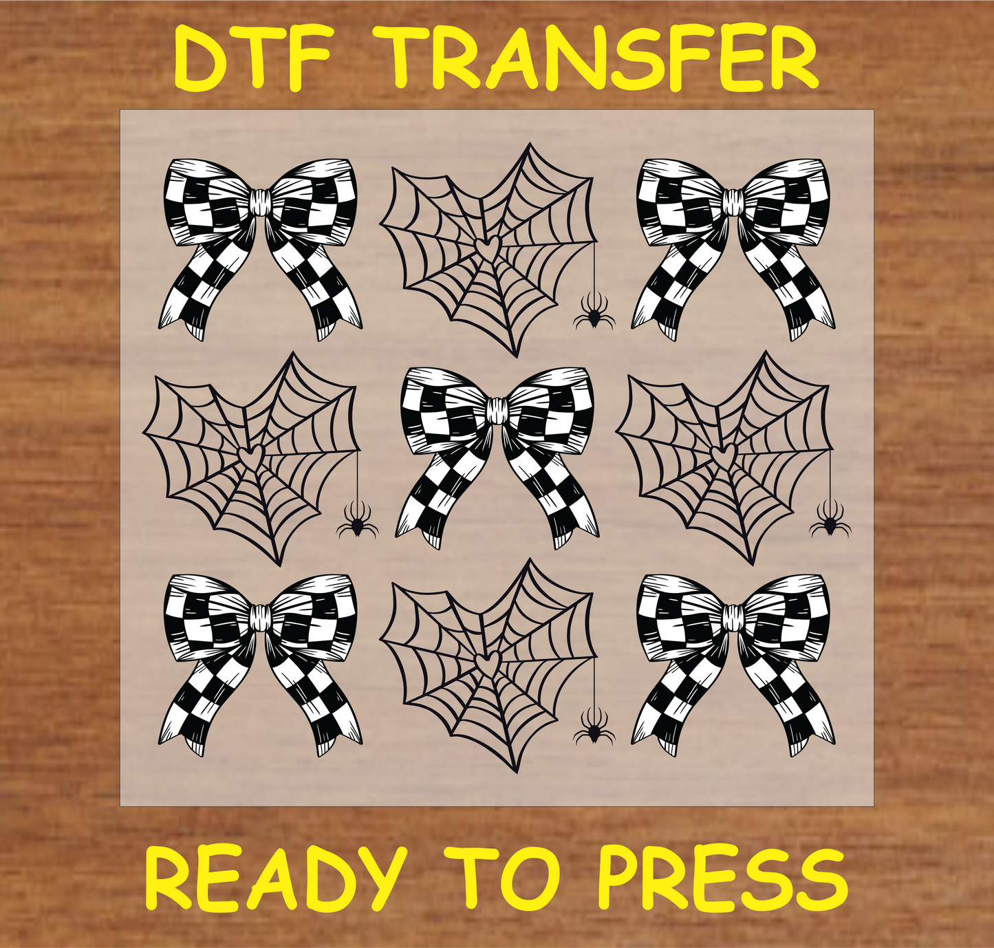 "Checker Bow and Spider Webs DTF Transfer featuring black and white bow designs and spider web patterns for Halloween projects"