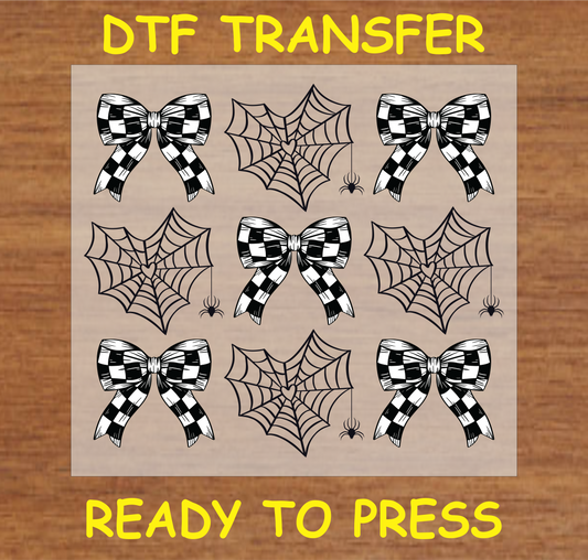 "Checker Bow and Spider Webs DTF Transfer featuring black and white bow designs and spider web patterns for Halloween projects"