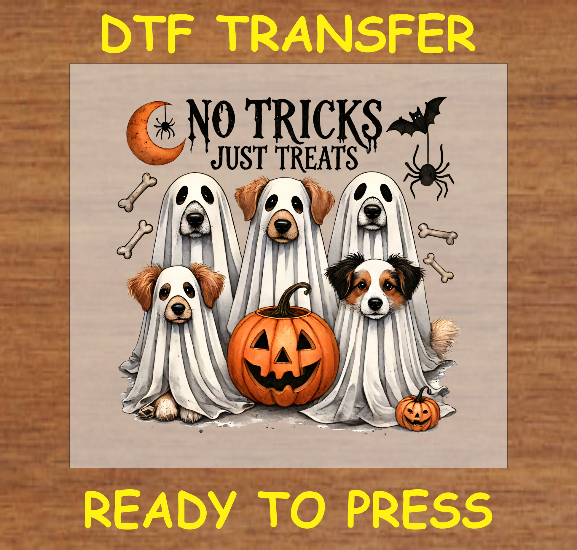 "No Tricks Just Treats DTF Transfer featuring dogs in ghost costumes with Halloween elements for pet lovers"