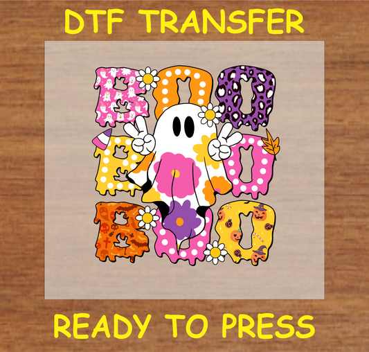 "BOO DTF Transfer with colorful ghost, peace signs, and Halloween elements for custom projects"