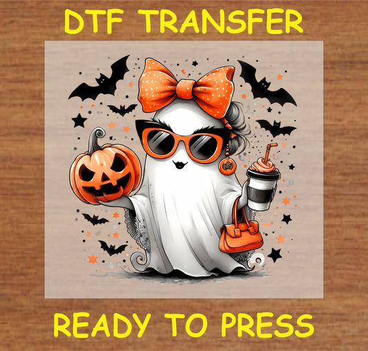 "Stylish Ghost DTF Transfer with chic ghost holding pumpkin and drink for Halloween projects"