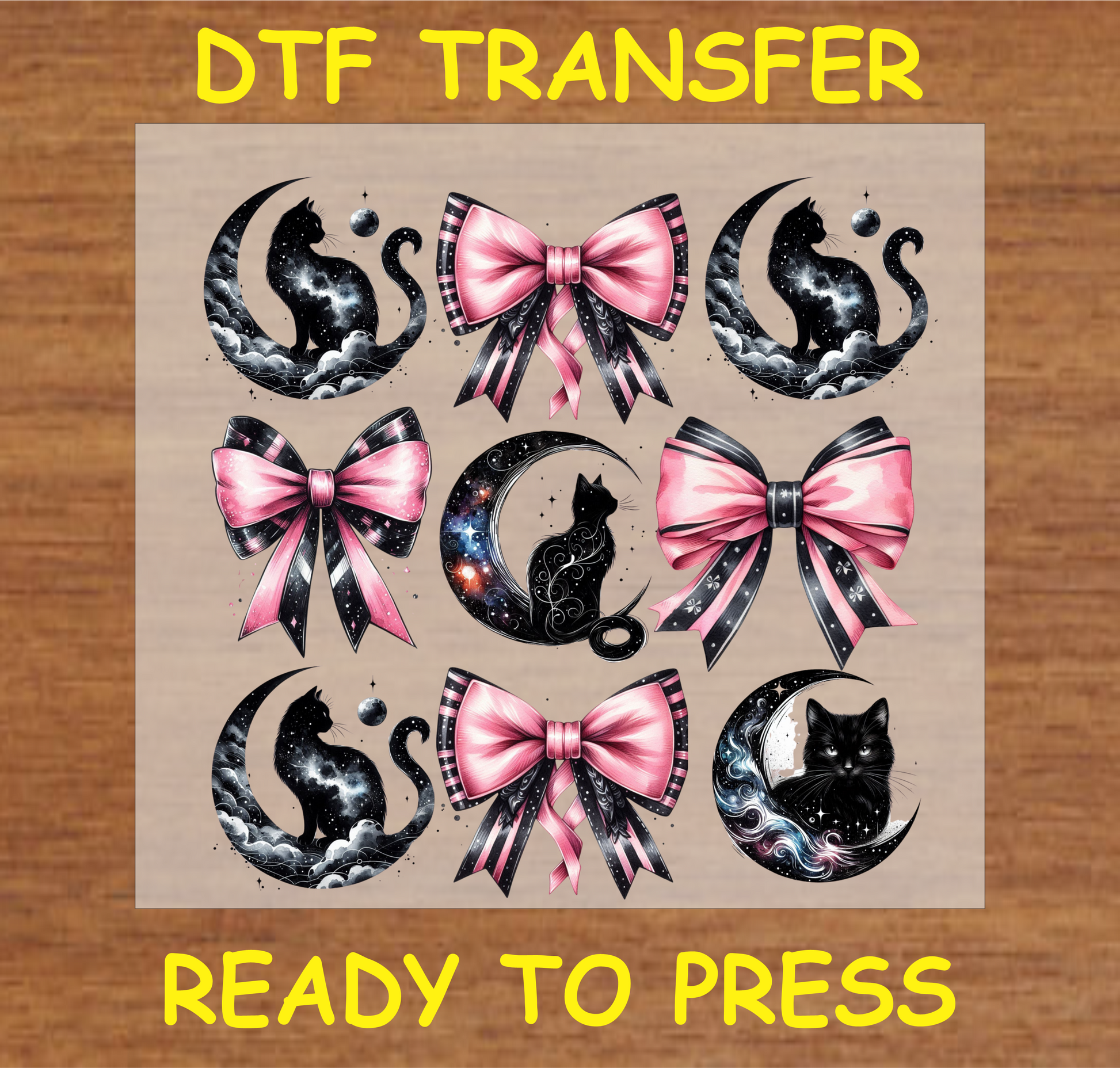 "Cat and Moon with Pink Bows DTF Transfer featuring mystical black cats, crescent moons, and pink ribbon bows"