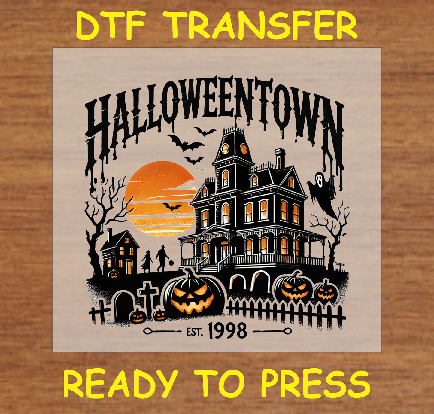 "Halloween DTF Transfer featuring a spooky haunted house, pumpkins, bats, and a graveyard"