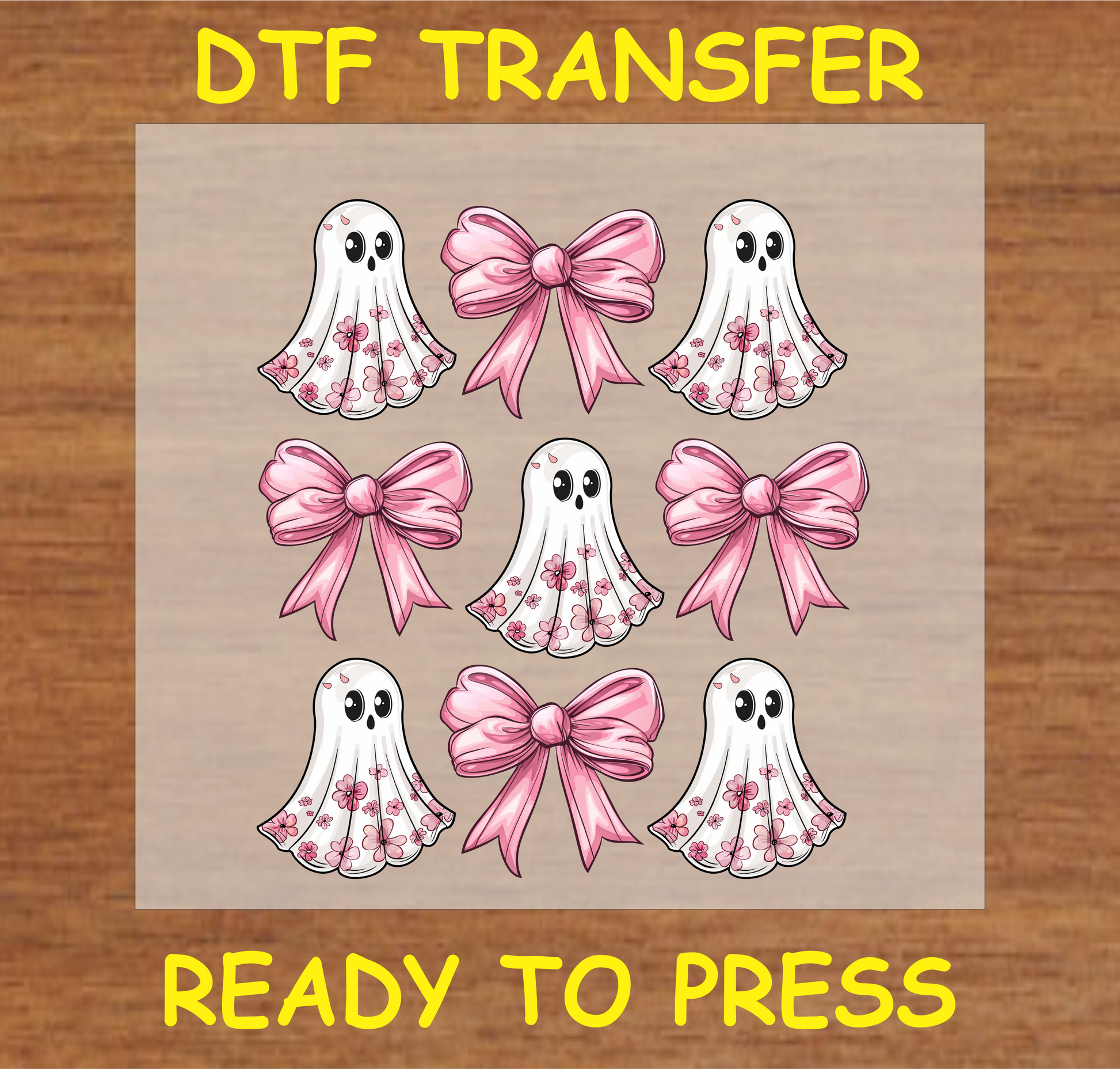 "Pink Ghost and Bow DTF Transfer with cute ghost and pink bow pattern for Halloween projects"