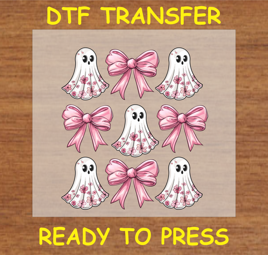 "Pink Ghost and Bow DTF Transfer with cute ghost and pink bow pattern for Halloween projects"