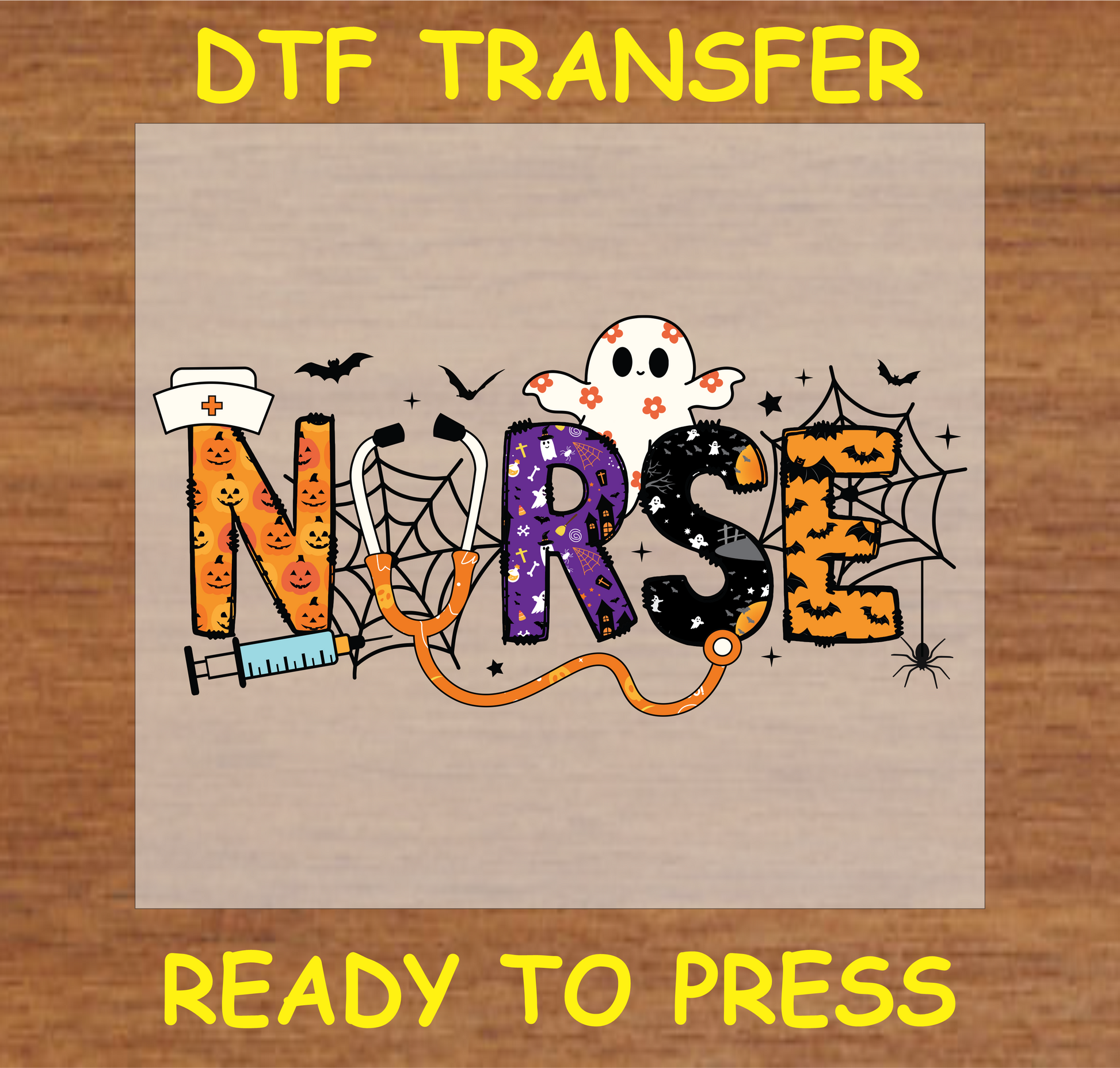 "Halloween Nurse DTF Transfer featuring ghost, pumpkins, spider webs, and nurse elements"