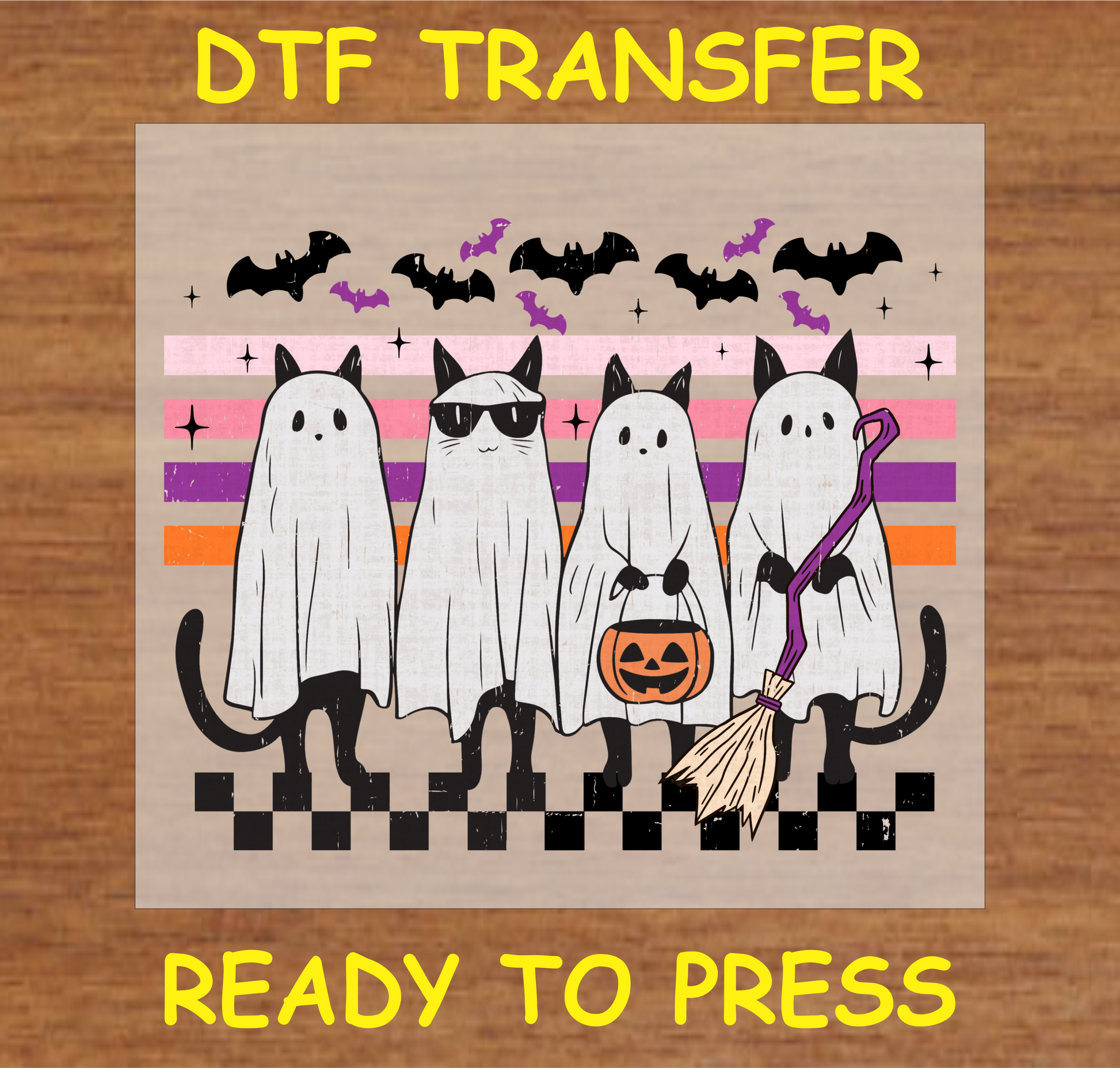 "Ghost Cats DTF Transfer with cute Halloween cat designs dressed as ghosts"