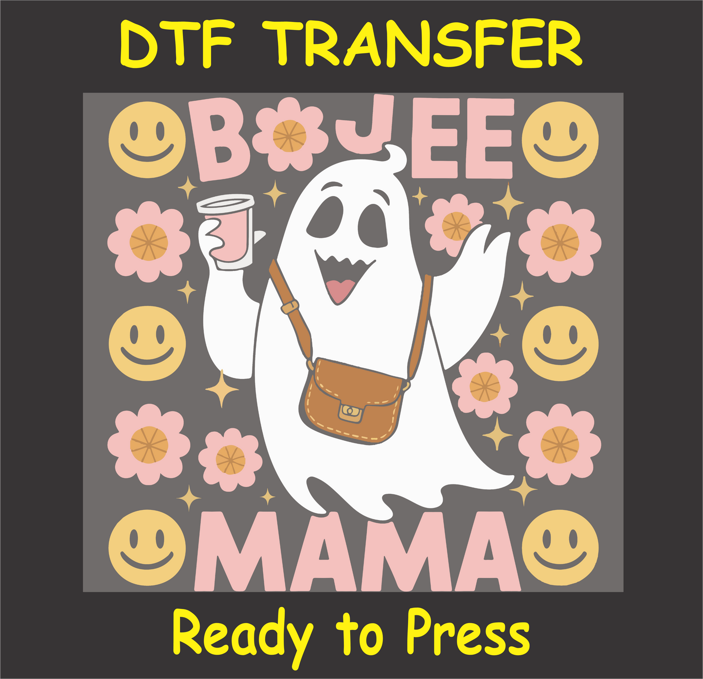 "BOJEE MAMA DTF Transfer with a stylish ghost holding coffee, flowers, and smiley faces for Halloween"