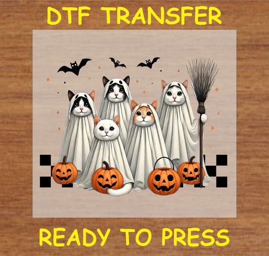 "Halloween Cats DTF Transfer featuring cute cats dressed as ghosts with pumpkins for Halloween"