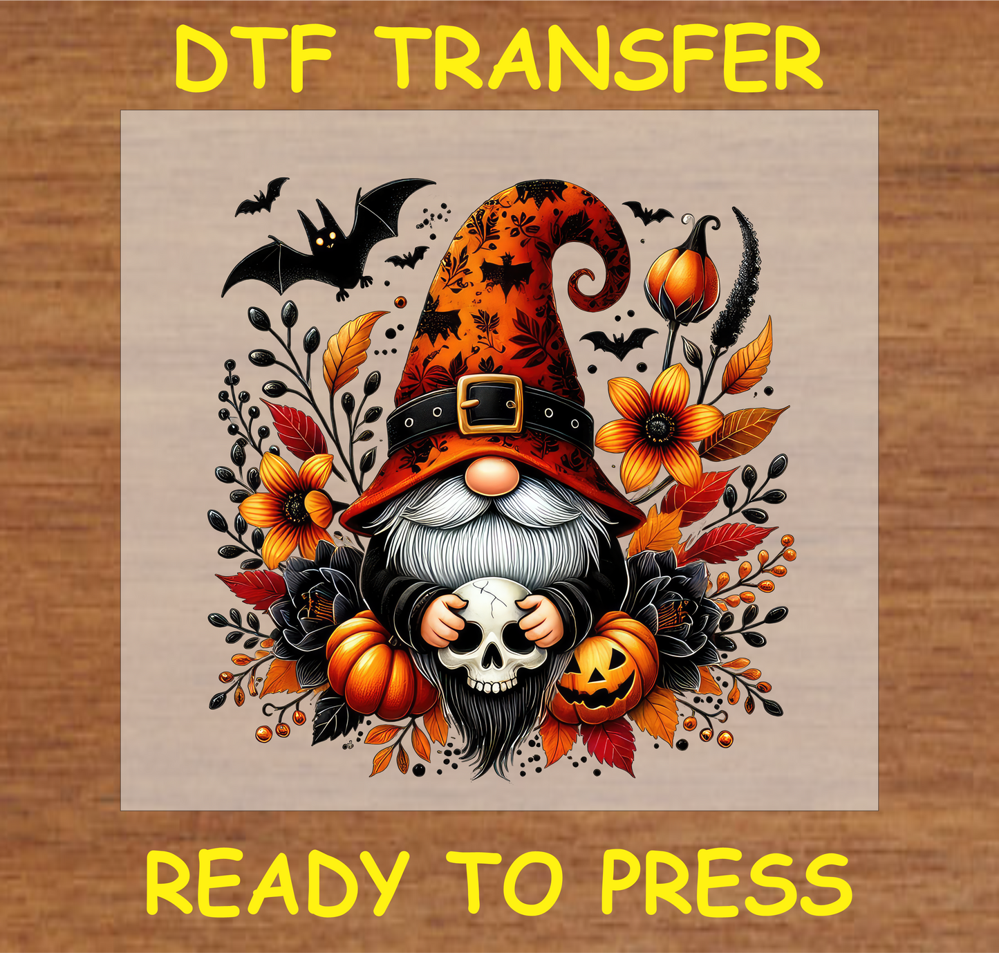 "Halloween Gnome DTF Transfer featuring a gnome with a skull, pumpkins, bats, and autumn flowers for Halloween"