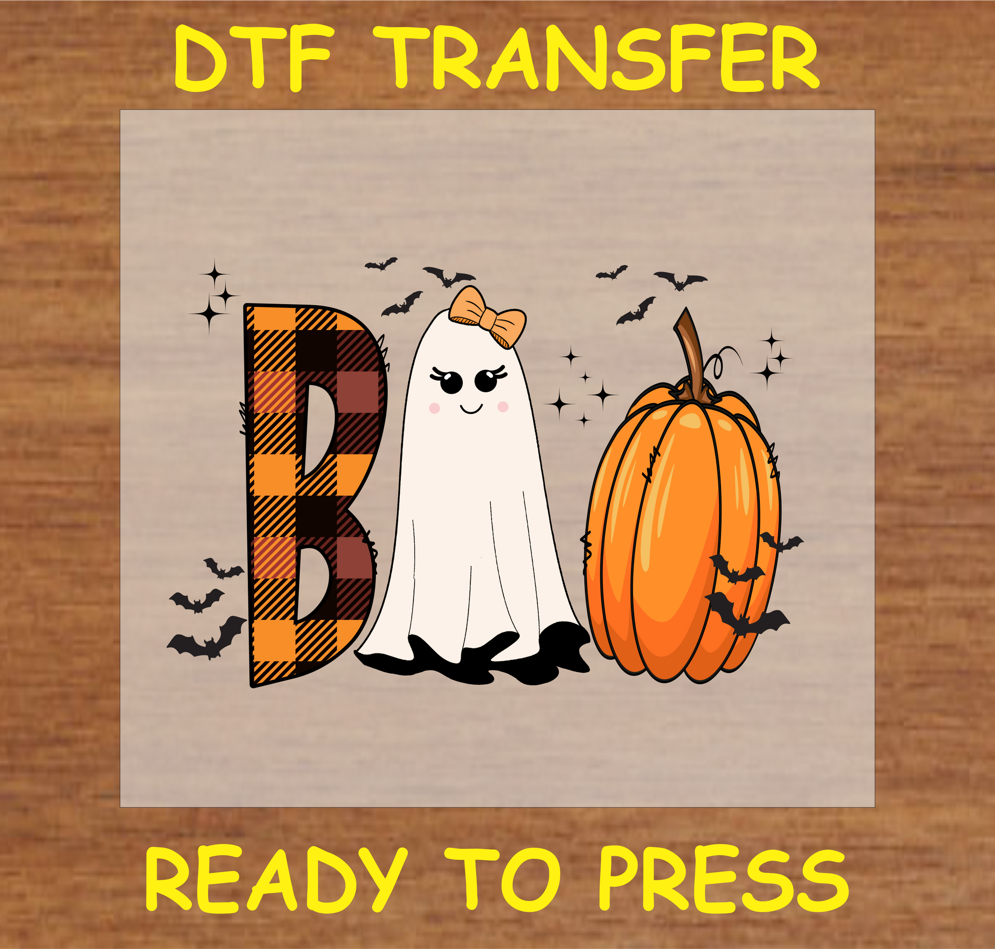 "Halloween Boo DTF Transfer with a cute ghost, plaid 'B,' and pumpkin design"