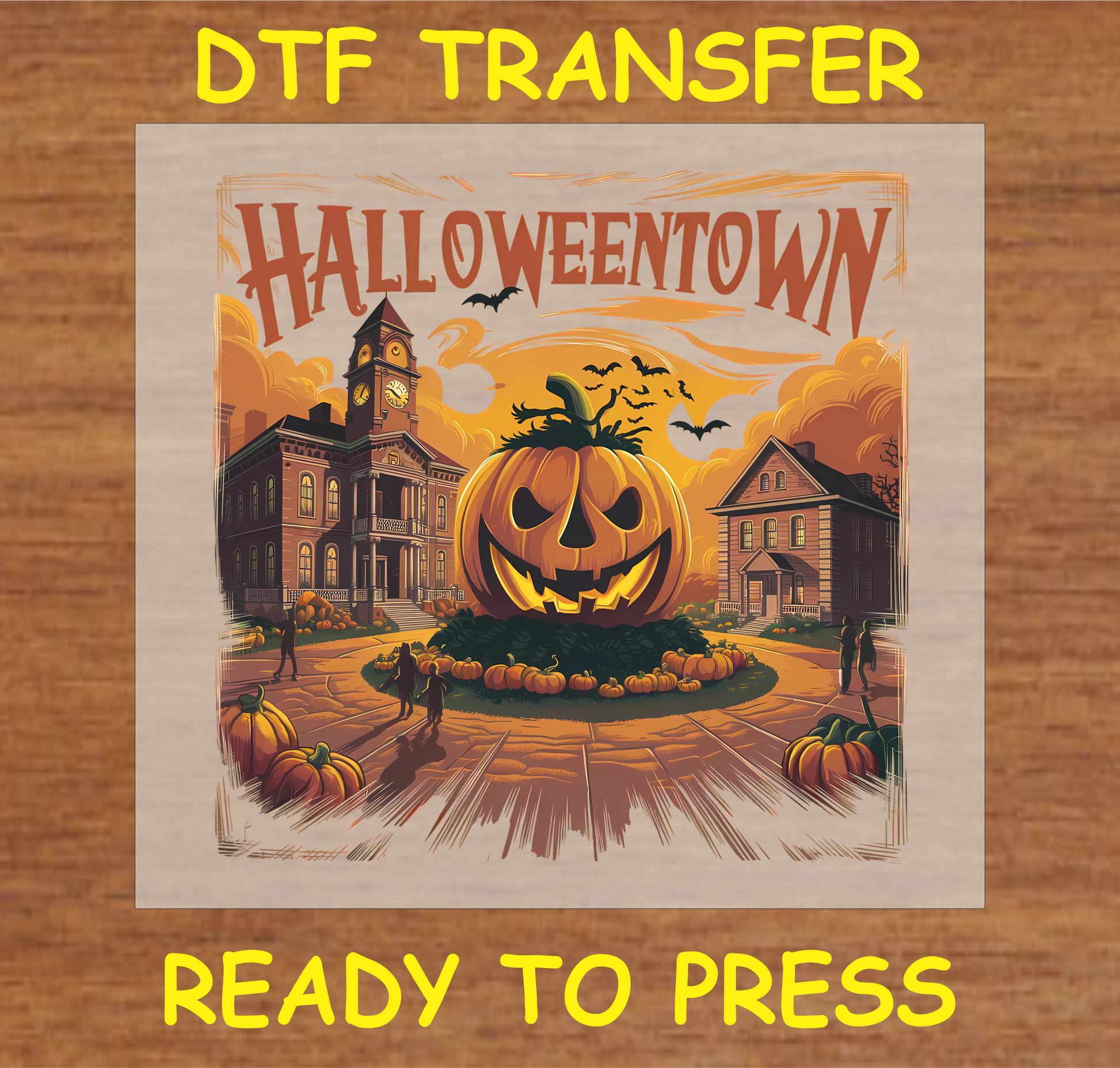 "DTF Transfer featuring a giant jack-o'-lantern in a haunted town square with bats and spooky buildings"